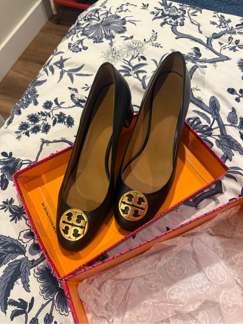 Tory Burch Black Leather Pumps with Gold Logo Medallions